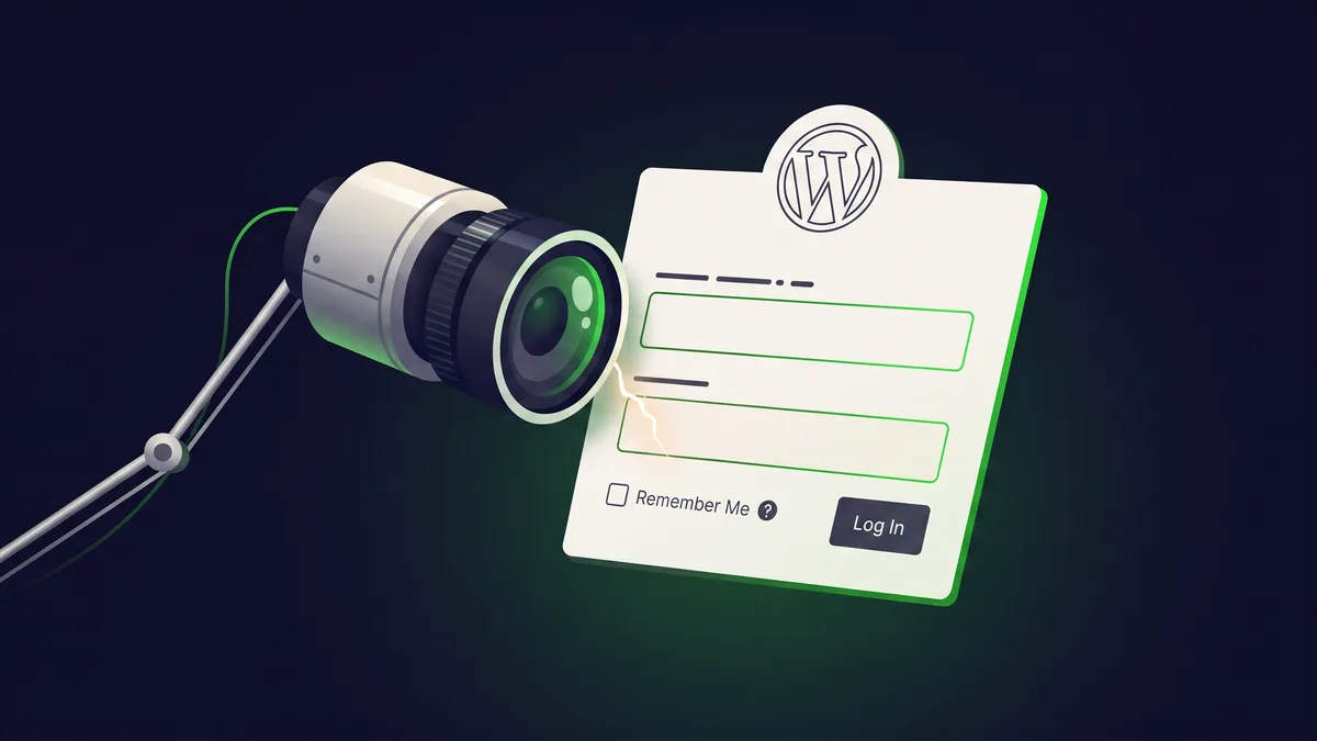 AI security research illustrated: a mechanical eye examining a stylised WordPress login form for the flaw human reviewers missed