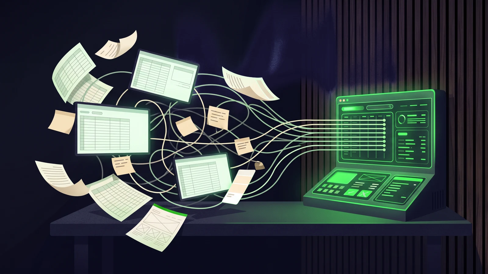A swirl of spreadsheets and sticky notes funnelling into a single clean glowing dashboard