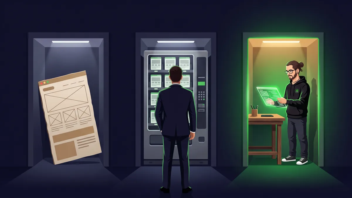 Three lit alcoves: a cardboard cut-out website, a vending machine of template sites, and a developer at a workbench with a genuinely glowing build