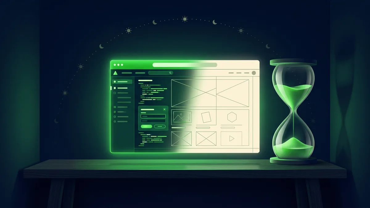 A half-finished website next to an hourglass, with passing suns and moons arcing overhead