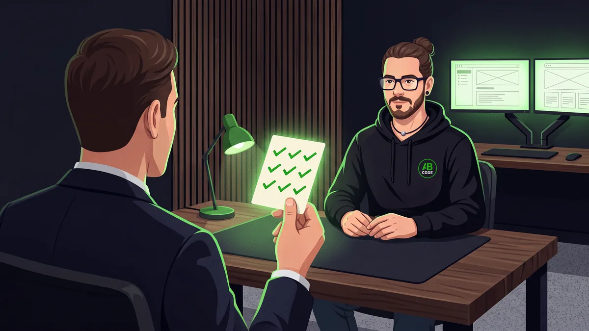 An agency owner holding up a checklist card across a table from a relaxed developer