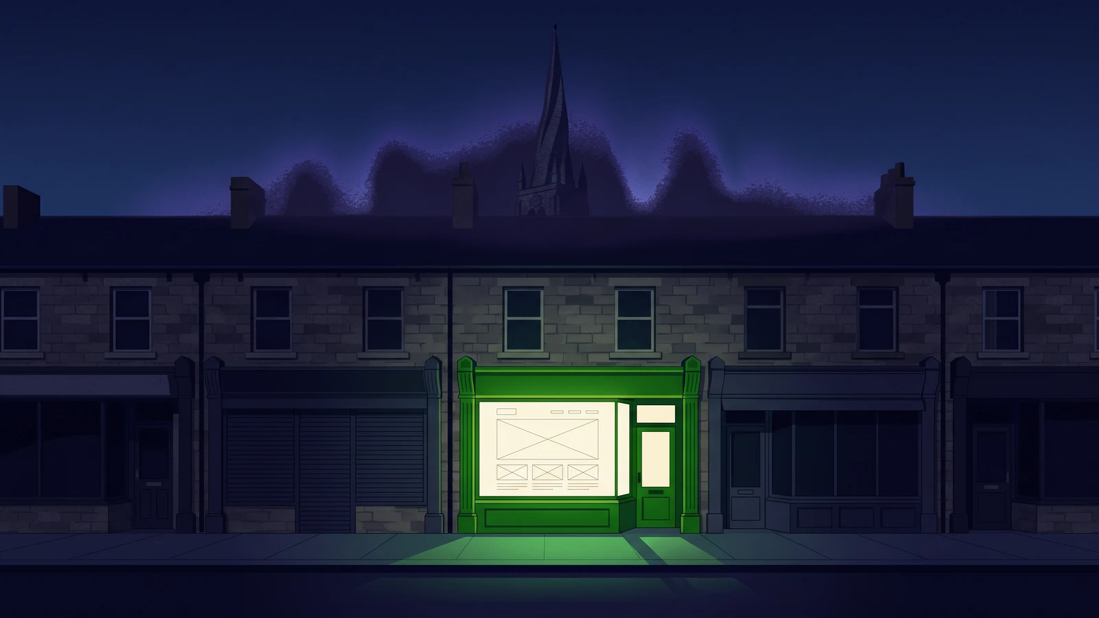 Chesterfield's crooked spire at dusk over a street of shopfronts, one lit by a glowing website