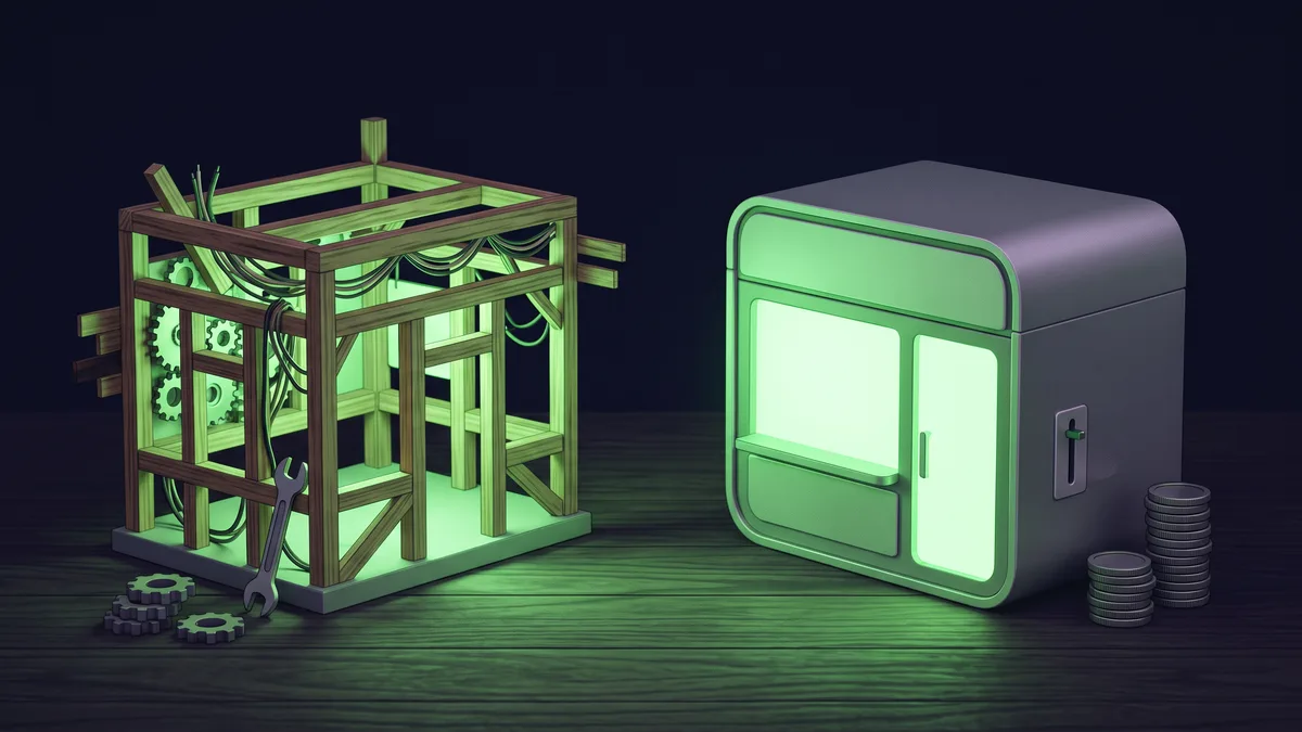 Two miniature storefronts side by side: one open-framed and hand-built, one a sealed kiosk with a coin slot