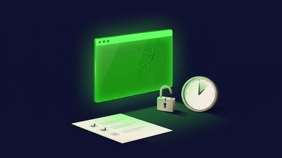 A hacked WordPress site with a cracked padlock, a first-hour clock and a calm checklist being ticked off