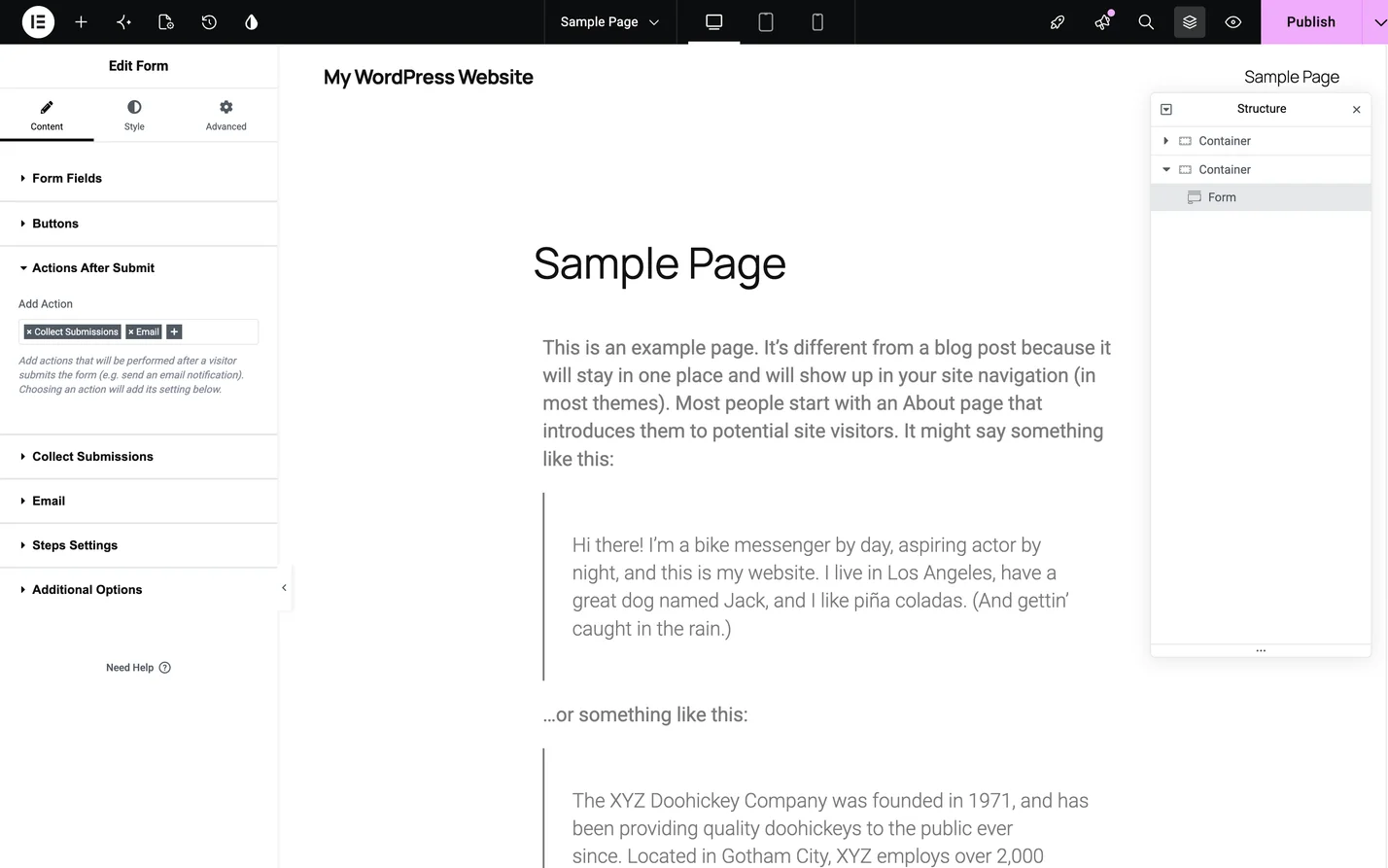 The form widget in the editor, with Actions After Submit and its Email and Collect Submissions sections in the panel