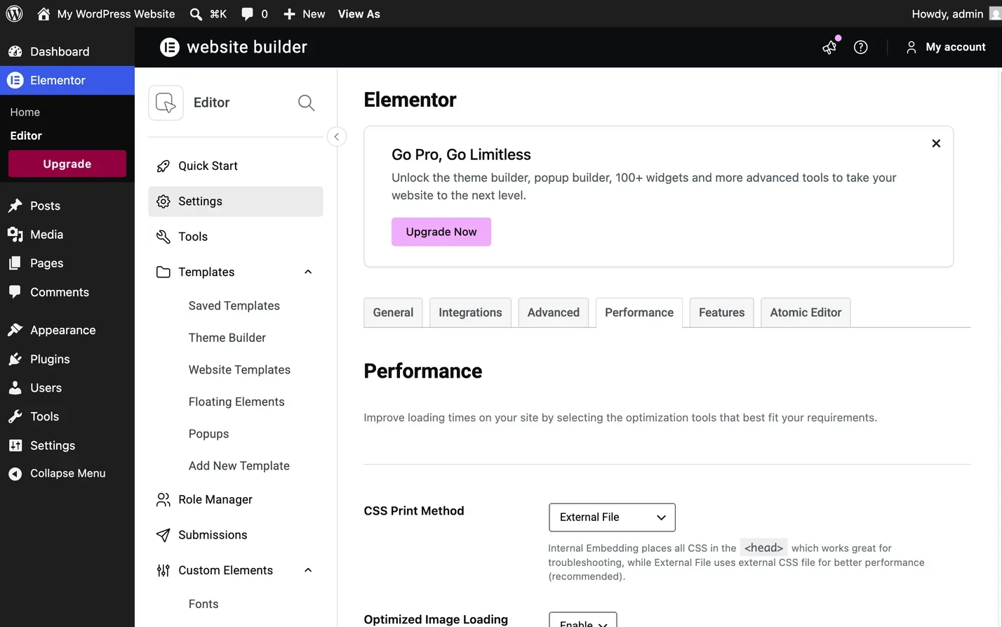 The Performance tab in Elementor's settings, with the optimisation switches described below