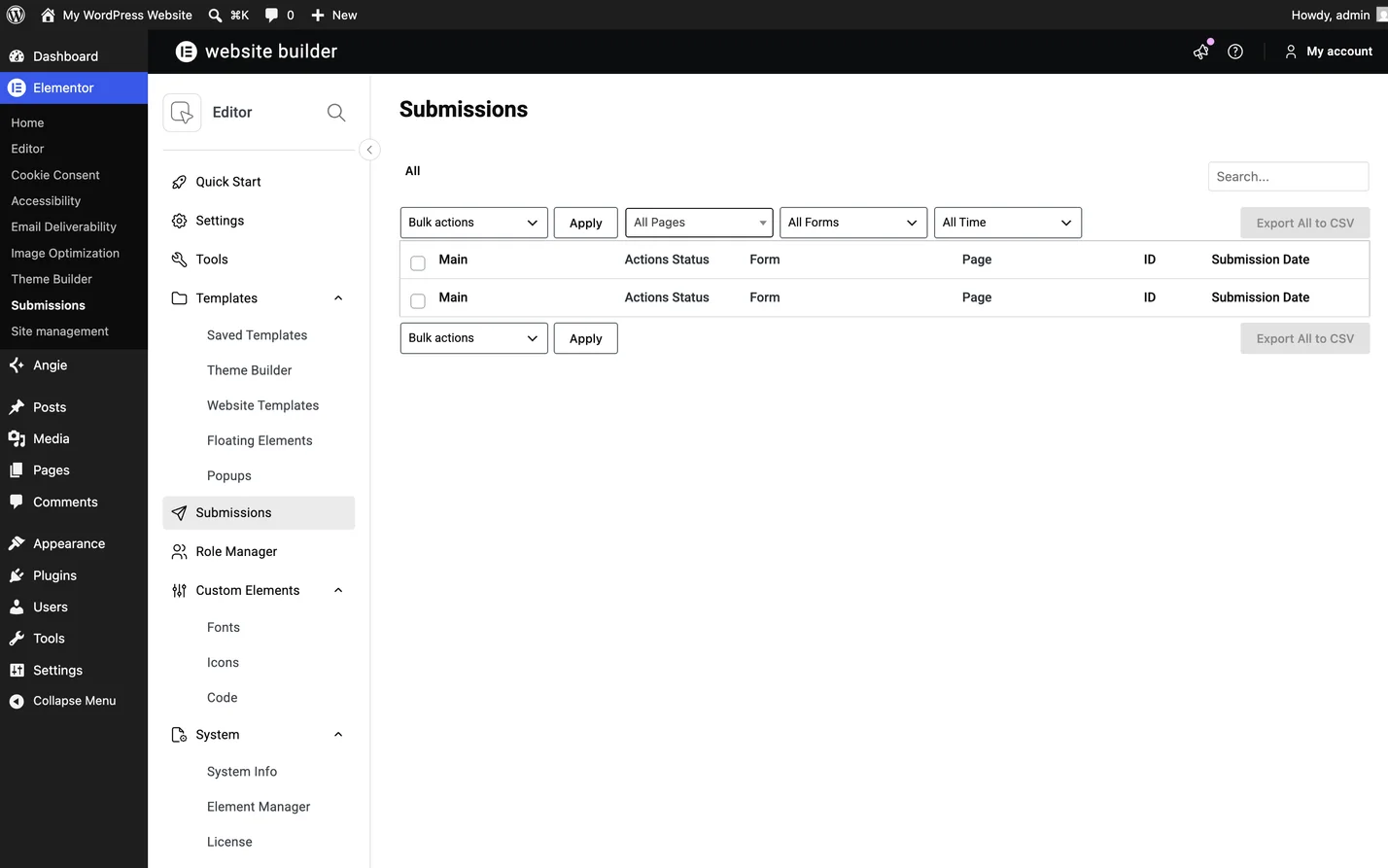 Elementor's Submissions screen, where every form entry is stored regardless of whether the email arrived