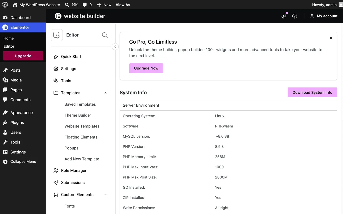Elementor's System Info screen, reporting the server values that decide whether the editor loads