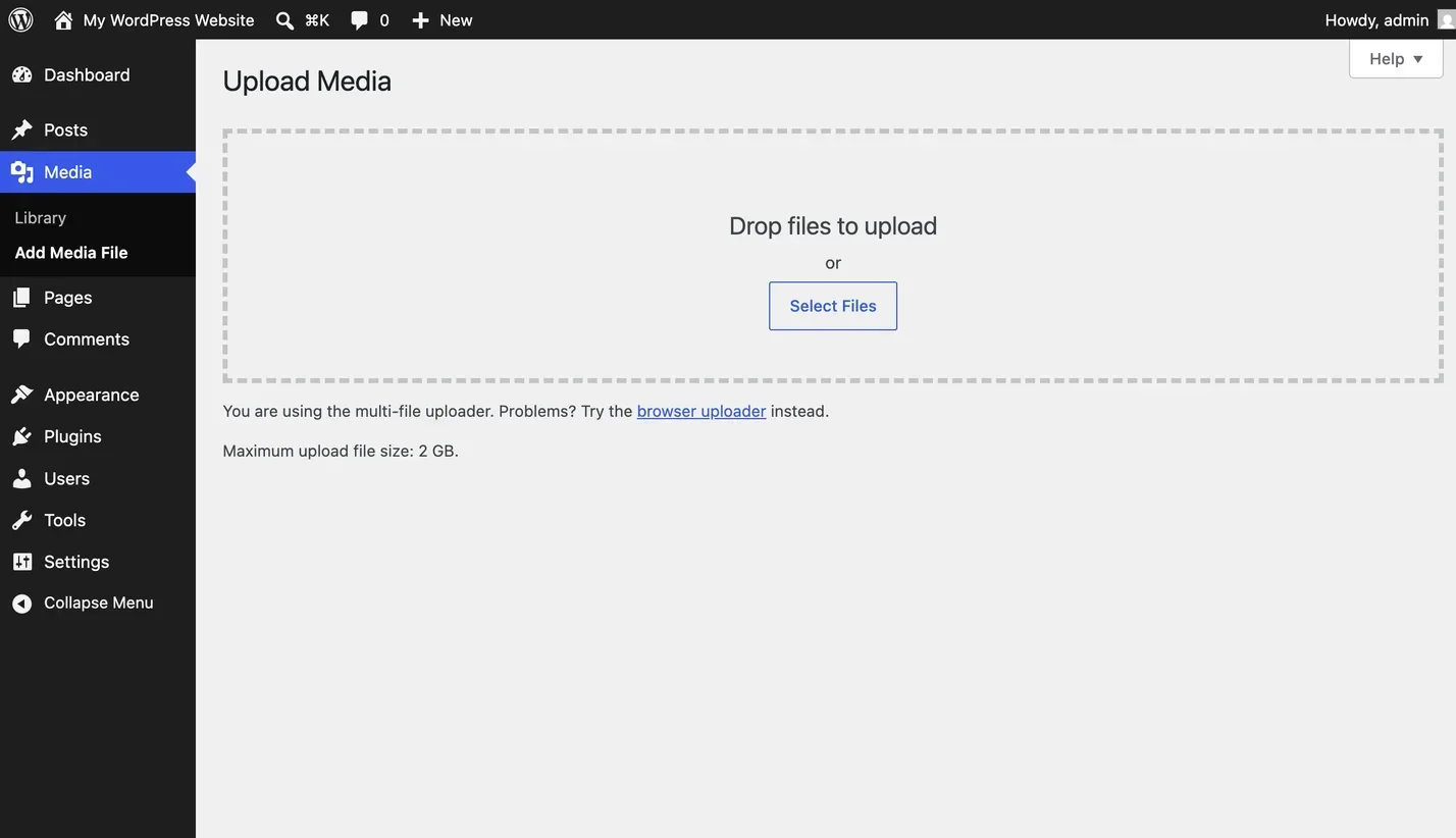 The upload screen at Media, Add Media File, with the maximum upload file size printed under the drop zone