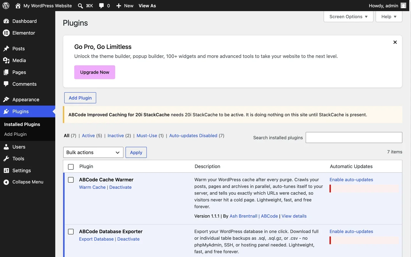 The WordPress Plugins screen with the add-on's own admin notice visible, reading that ABCode Improved Caching for 20i StackCache needs 20i StackCache to be active