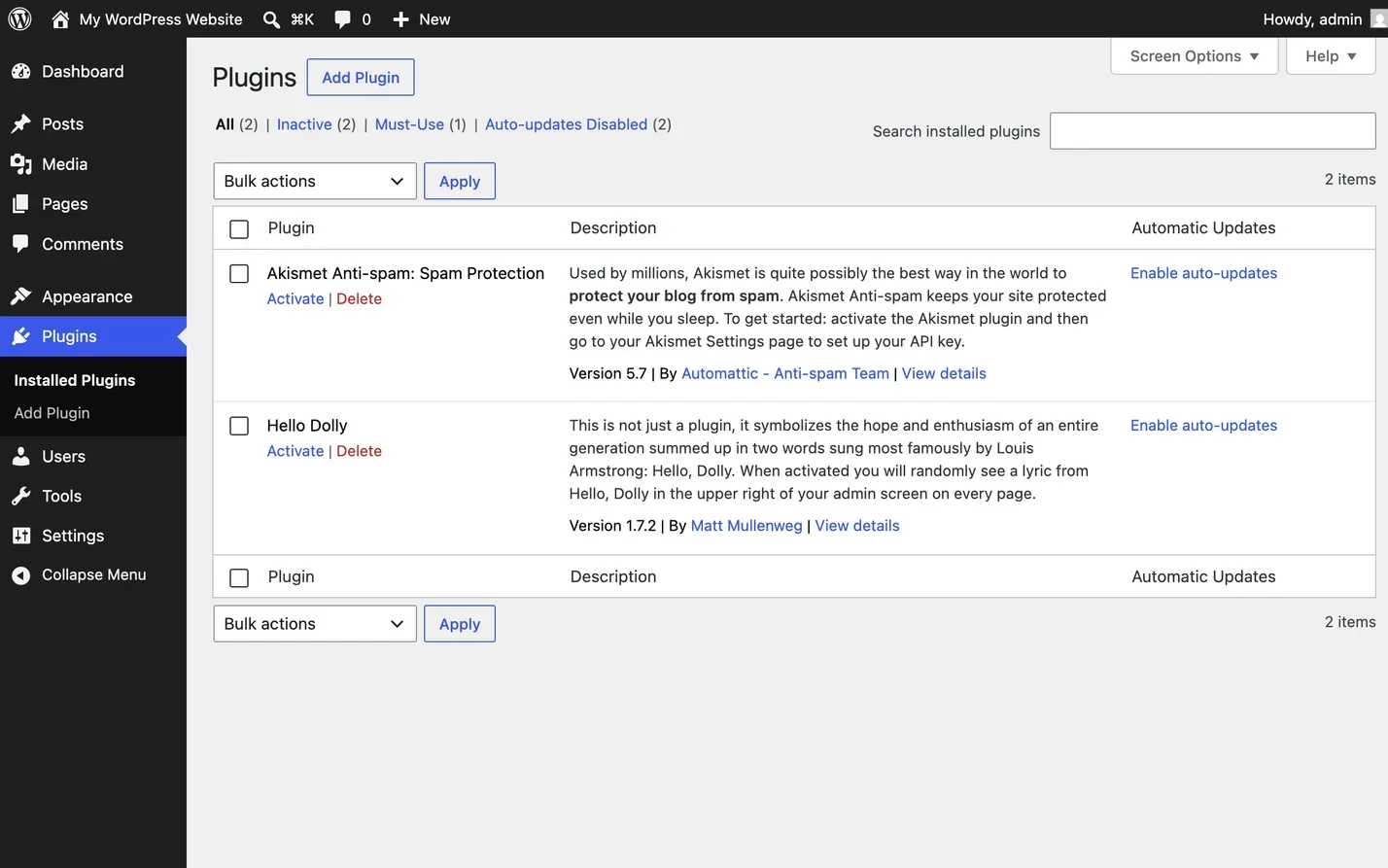 The Plugins screen, with the Auto-updates column on the right of each row