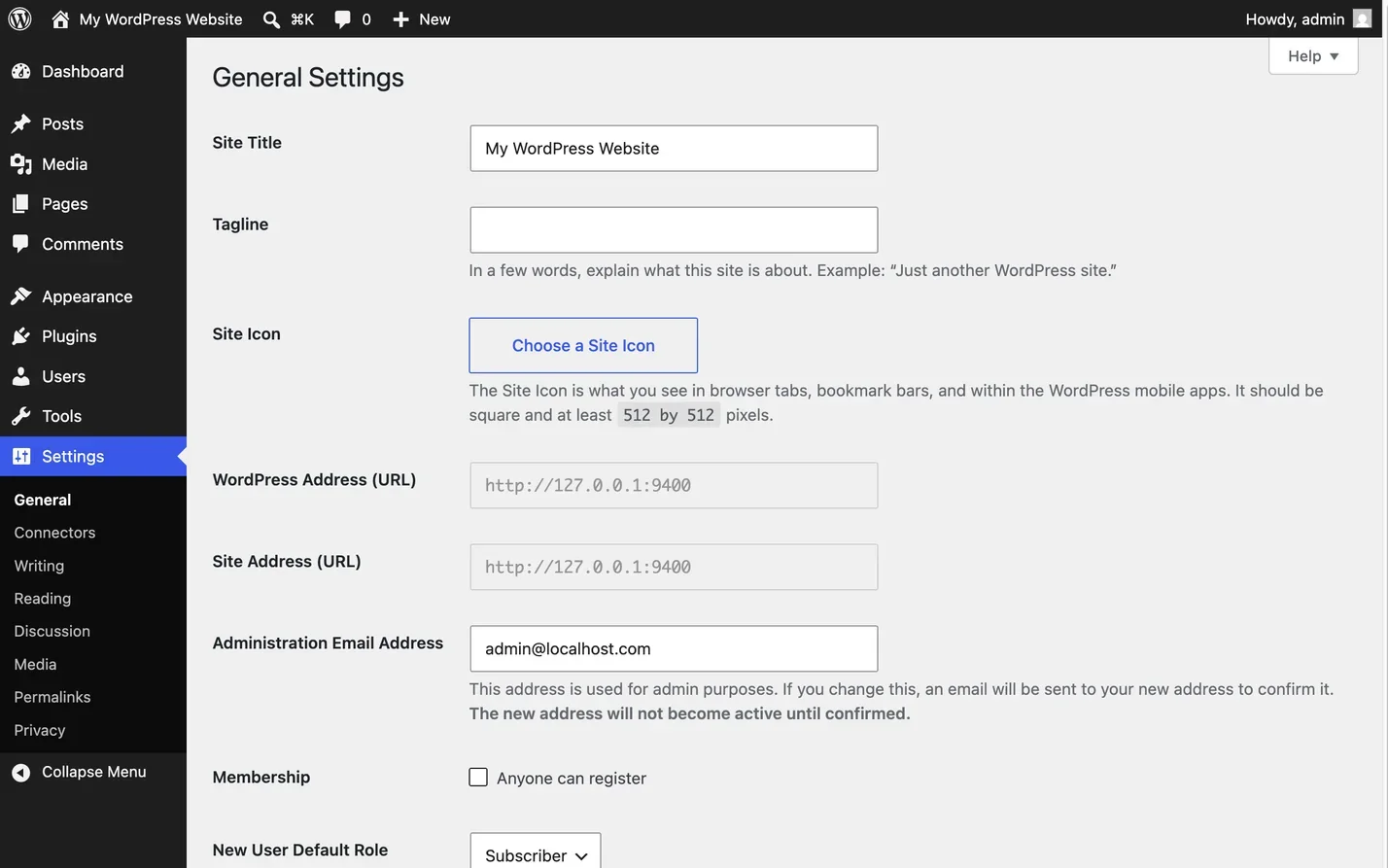 The General Settings screen, where the Administration Email Address field decides who receives the fatal error email