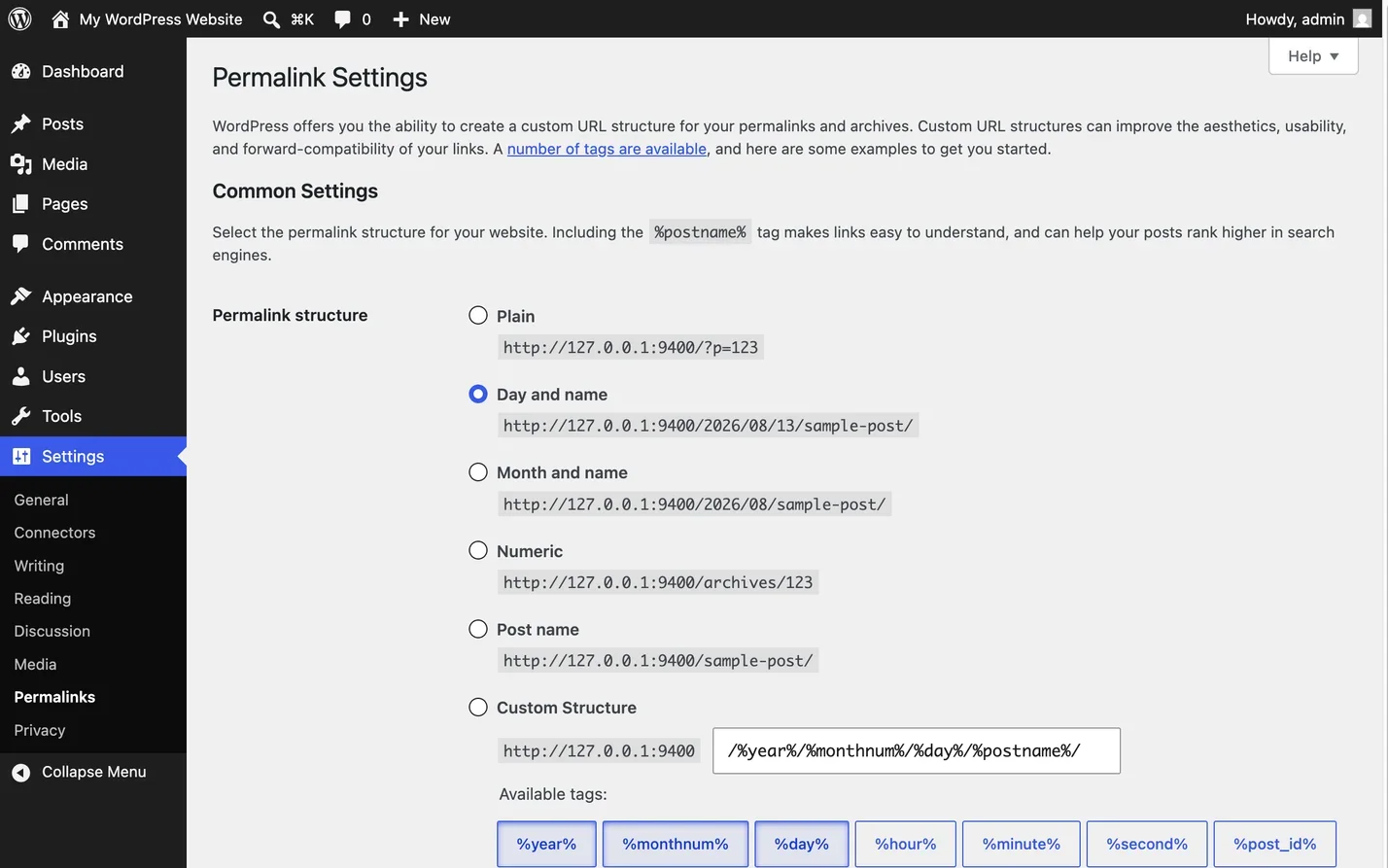 The Permalink Settings screen. Saving it rebuilds the rewrite rules, which is the manual fix for 404ing custom post types