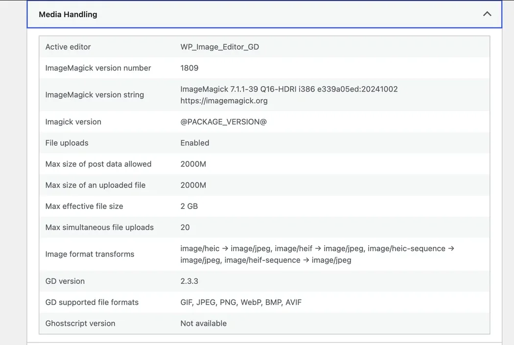 The Media Handling panel in Site Health showing the real PHP upload values behind the limit