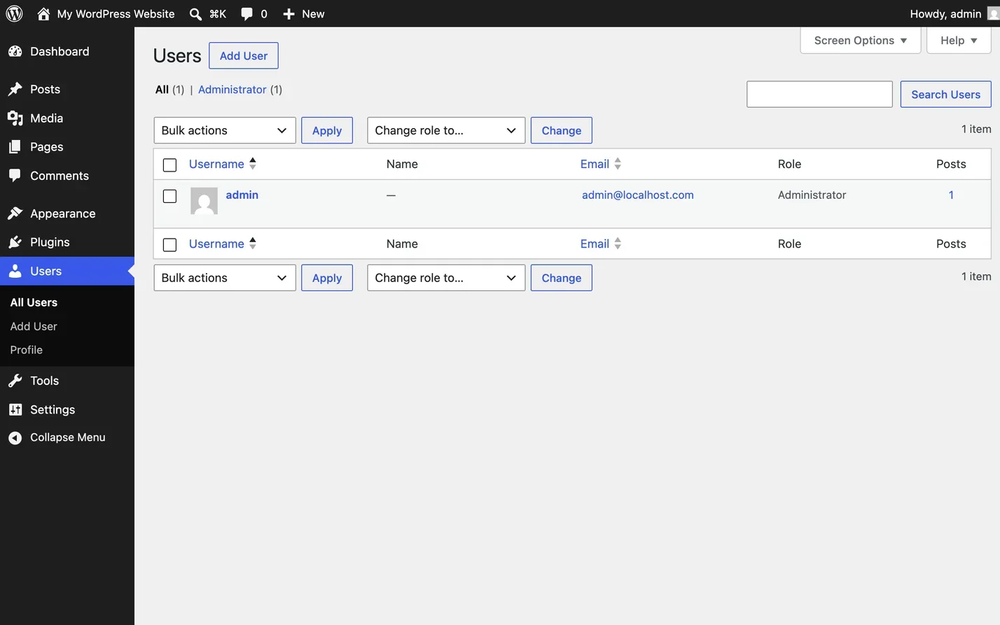 The Users screen, where each account's role has its own column