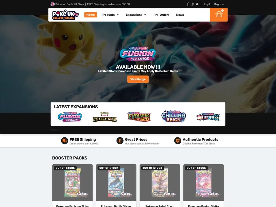 The PokéUK online store homepage