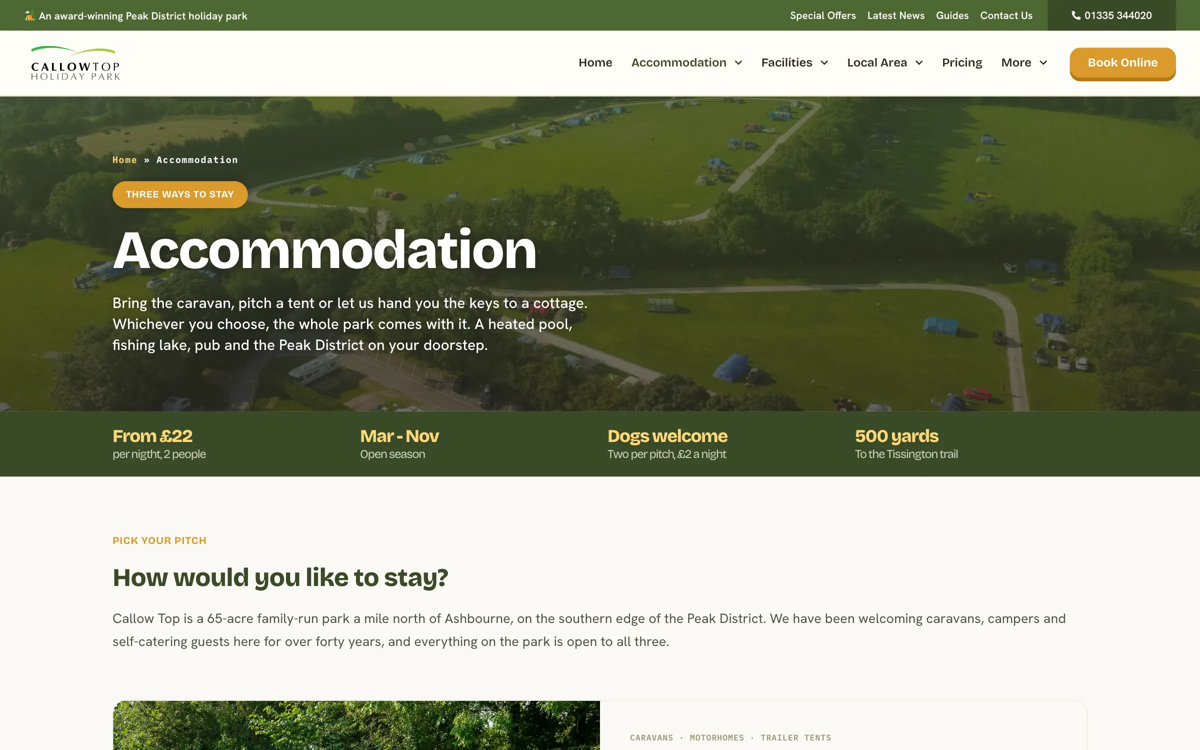 The accommodation page: camping, touring and self-catering