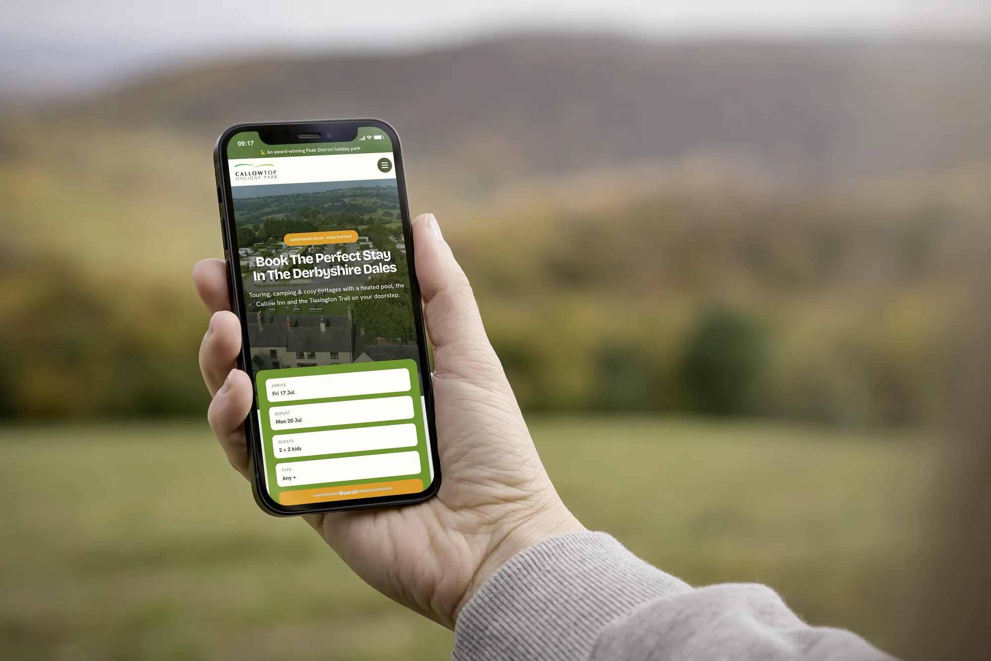The Callow Top Holiday Park website on a phone