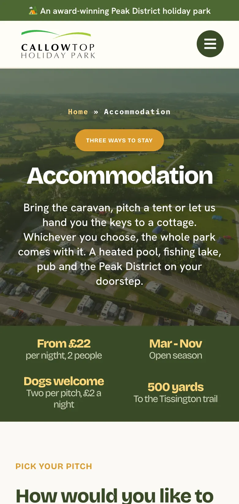 The accommodation page on mobile