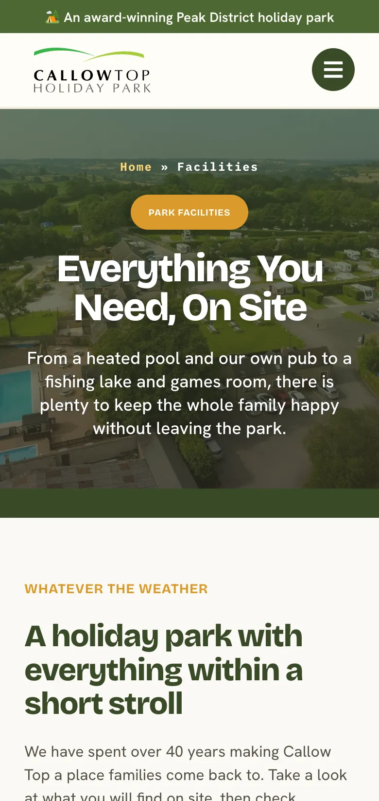 The facilities page on mobile