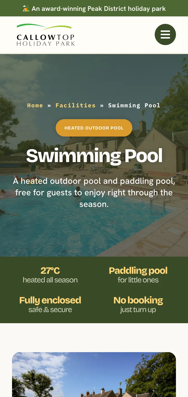 The swimming pool page on mobile