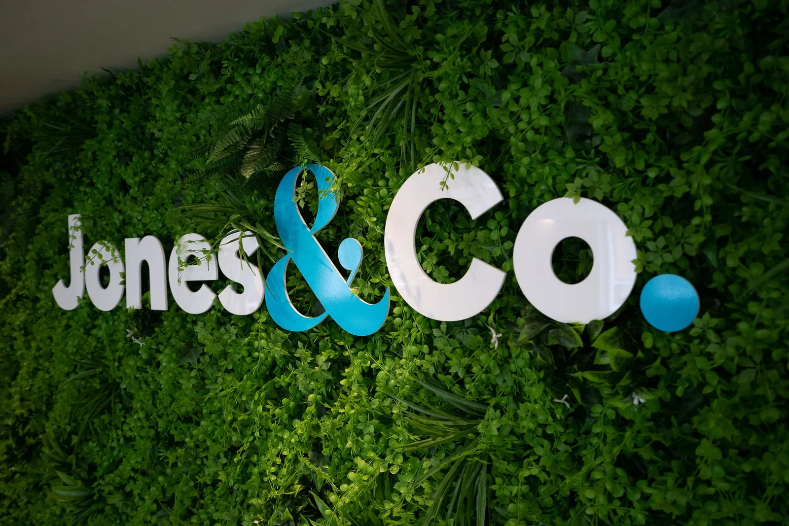 The Jones & Co logo on the living moss wall at their Chesterfield office