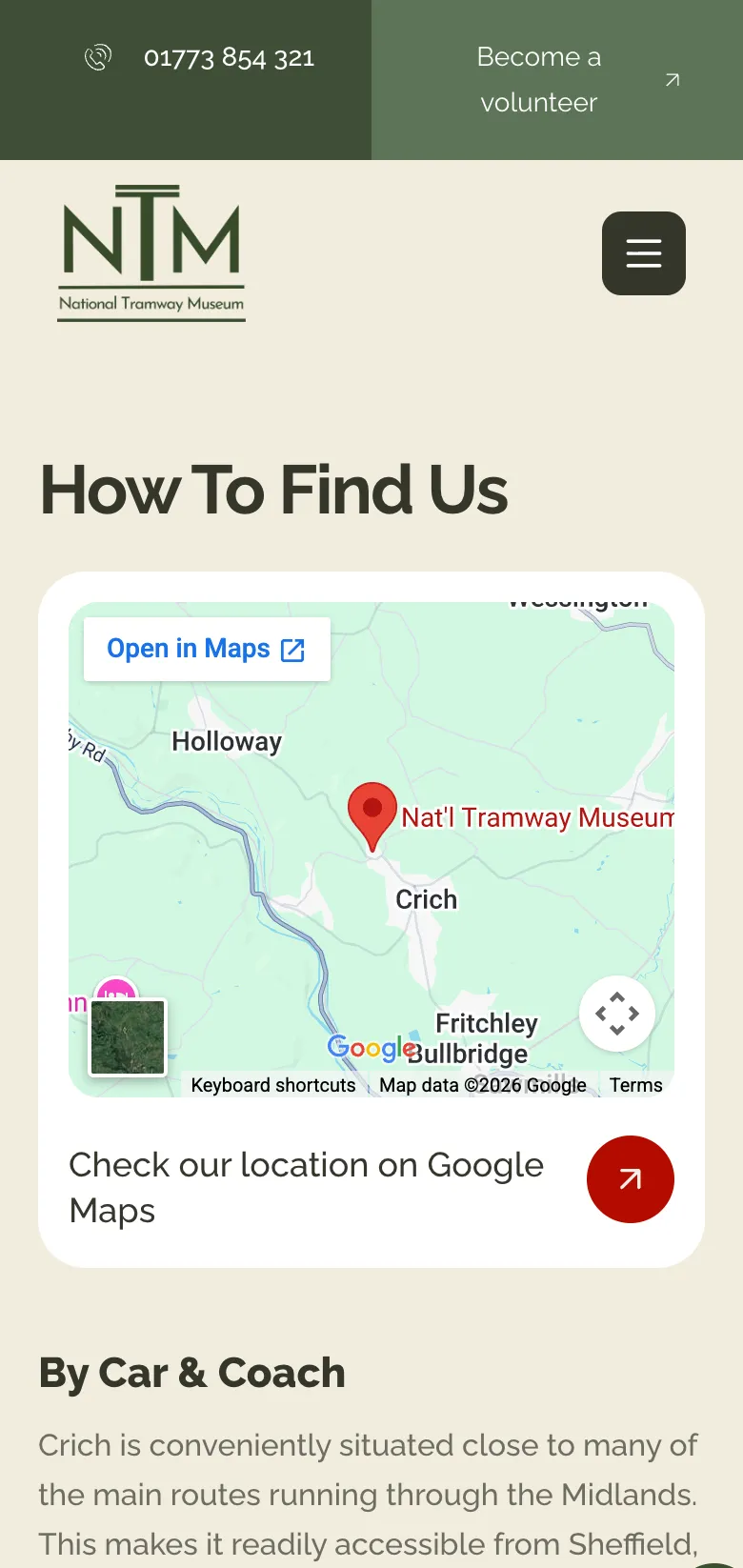 The how-to-find-us travel page on mobile
