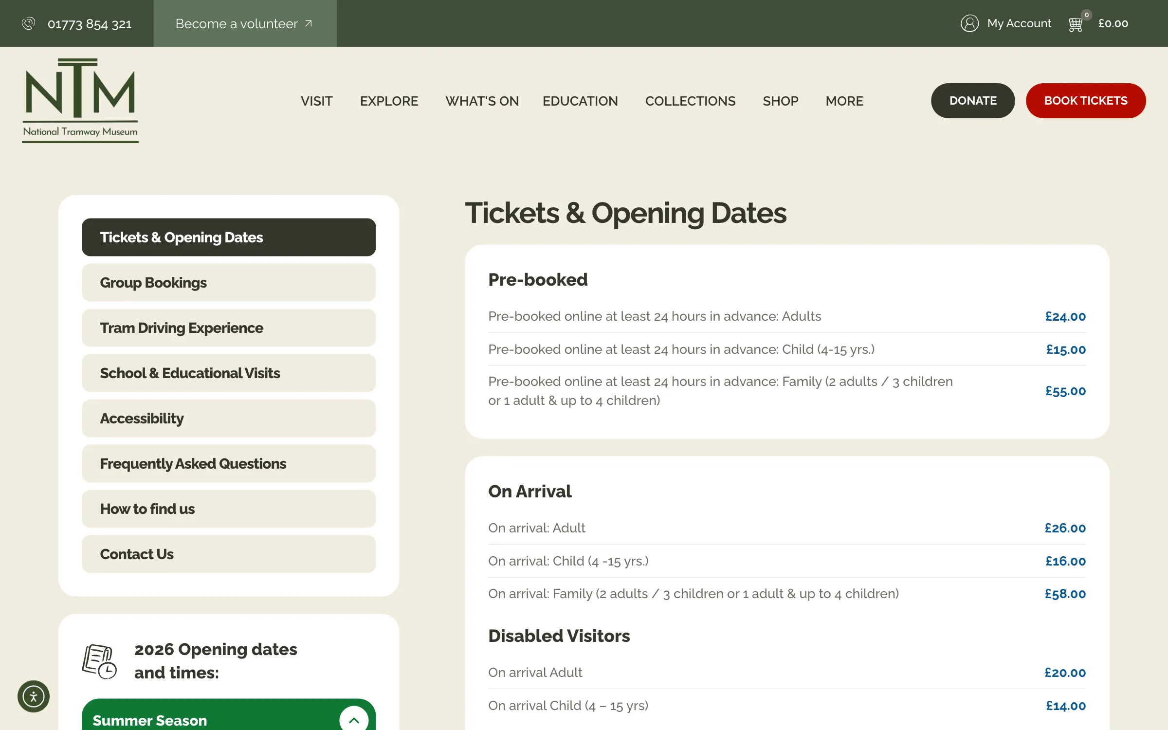 The tickets page with prices and booking for a day at the museum