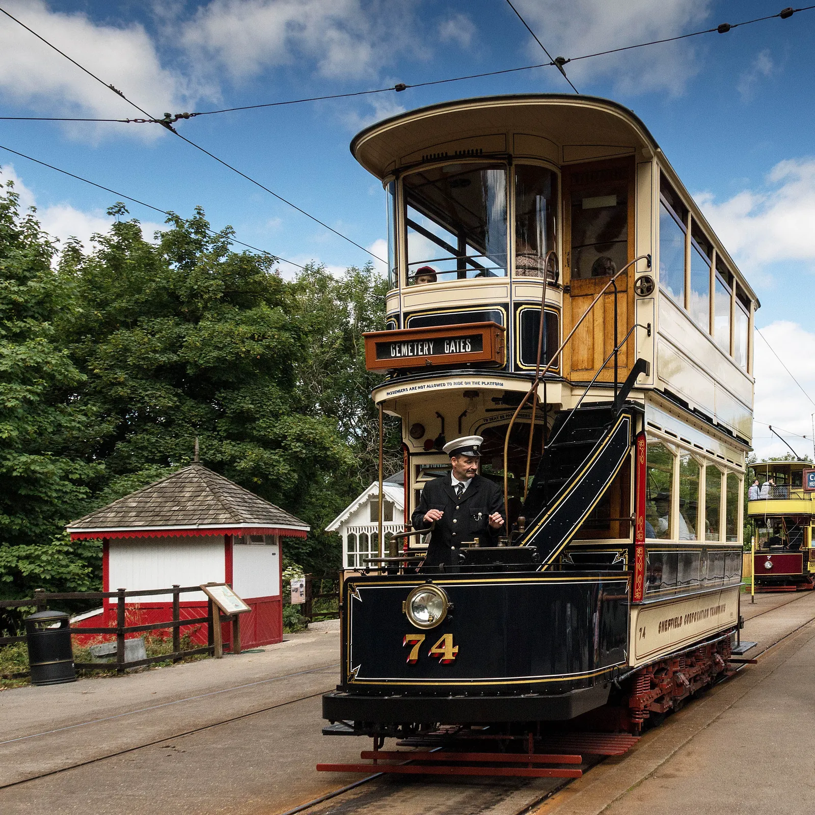 Sheffield 74 at the depot, its driver at the controls