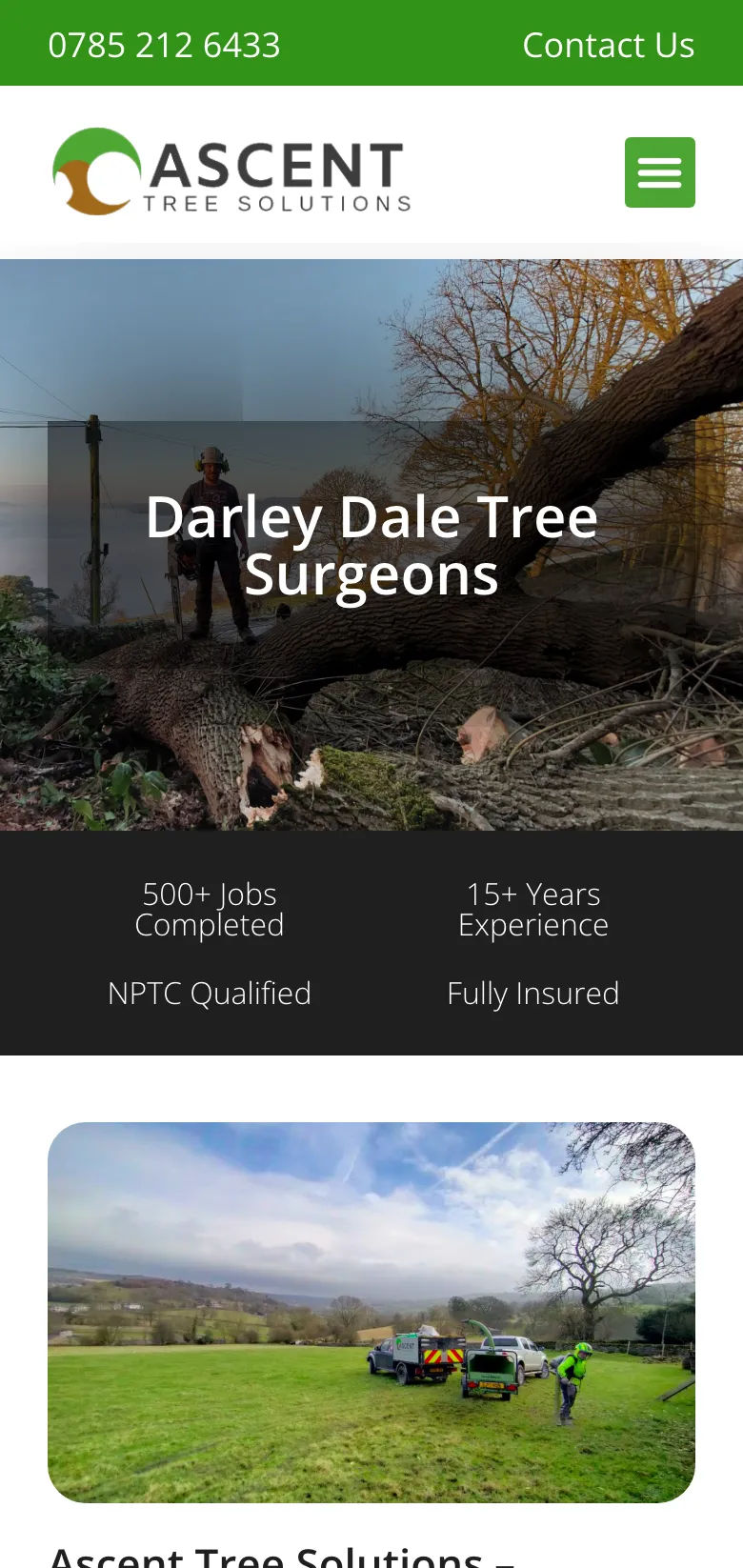 The Darley Dale tree surgeons page, on mobile