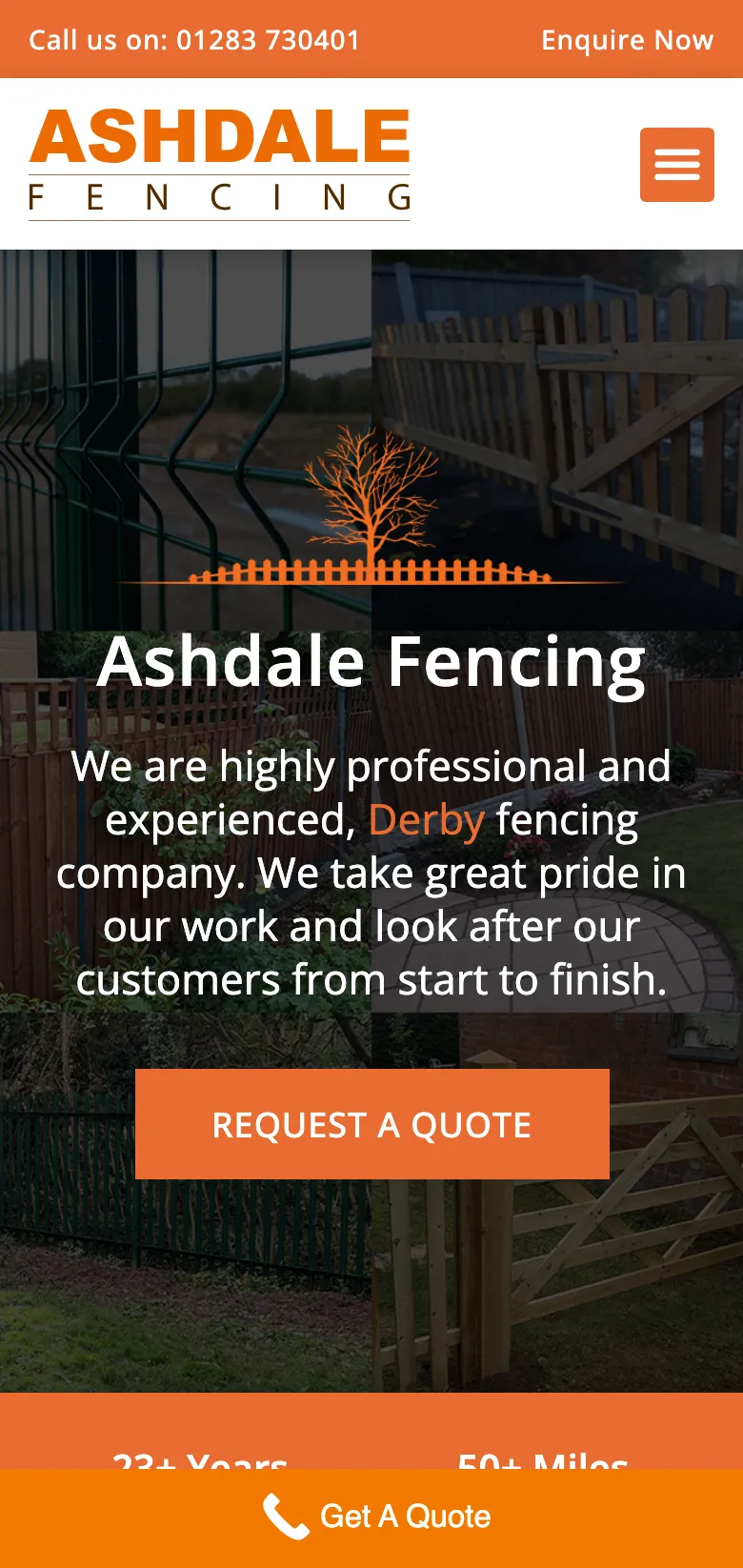 The Ashdale Fencing homepage, on mobile