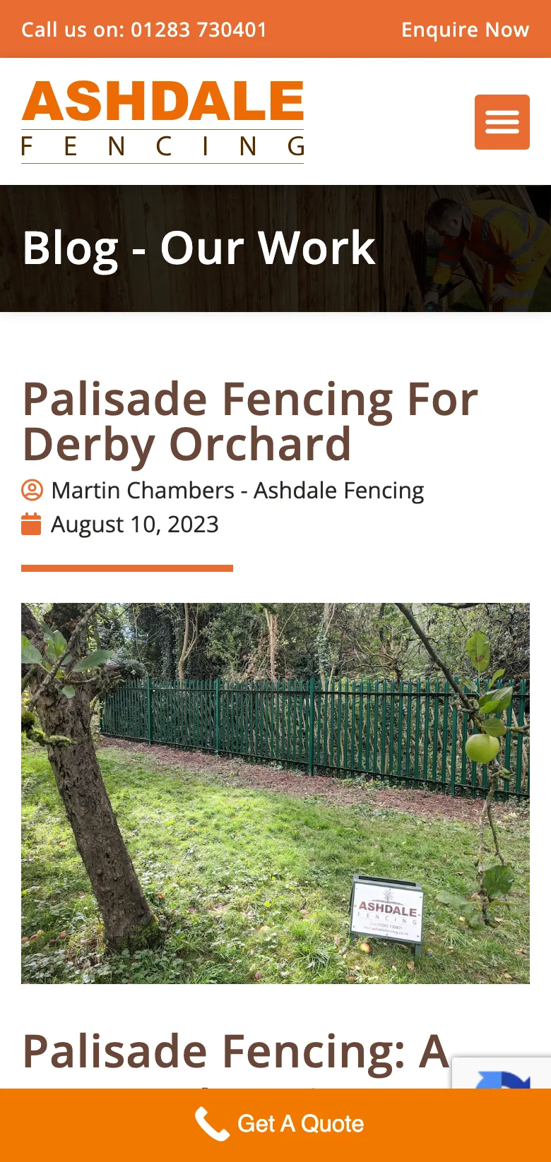 Palisade fencing for a Derby orchard, on mobile