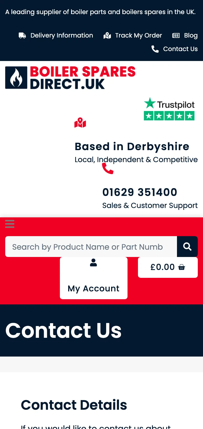 The Boiler Spares Direct contact us page, on mobile