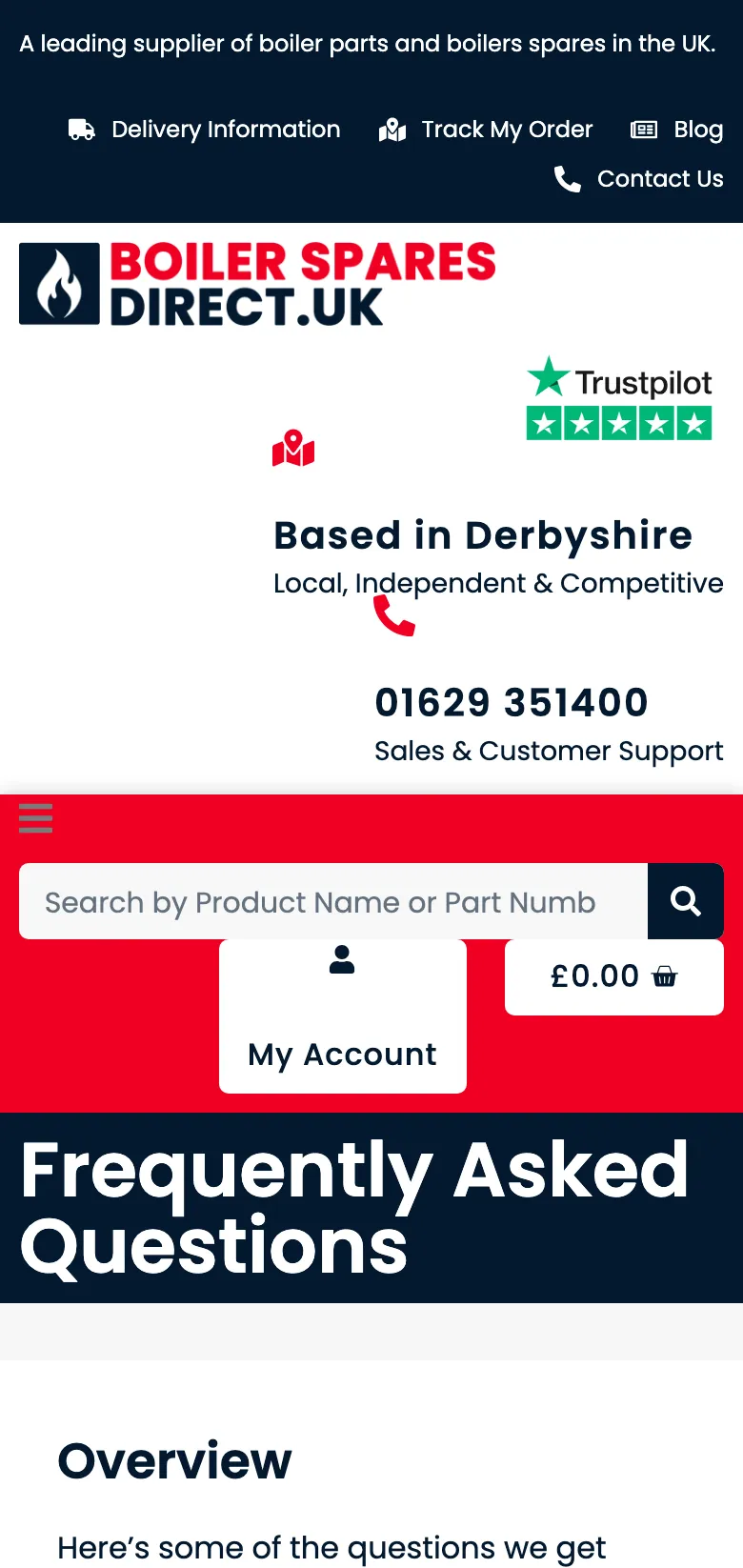 The Boiler Spares Direct frequently asked questions, on mobile