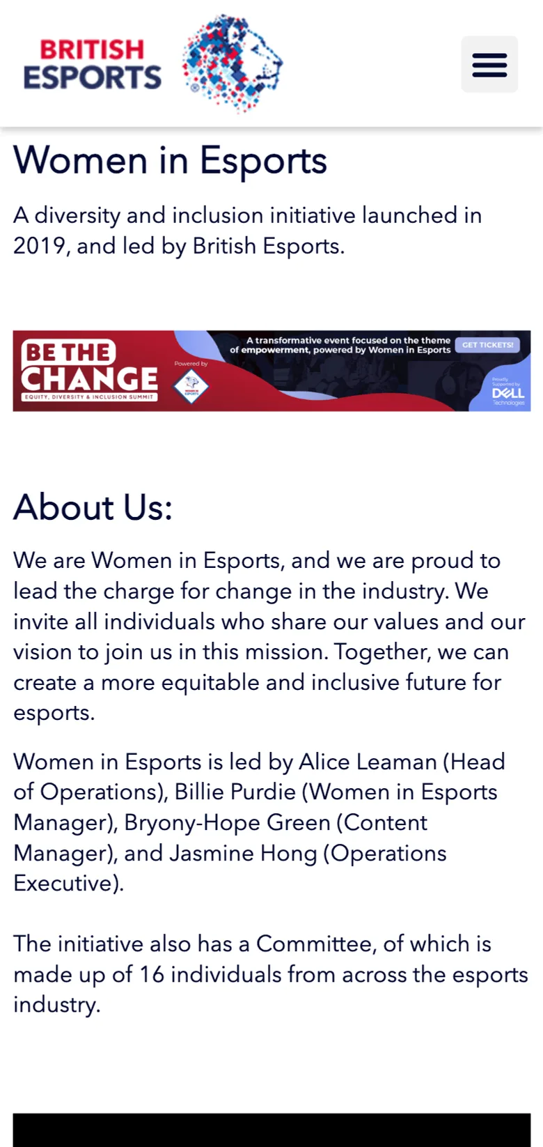 The Women in Esports campaign page, on mobile