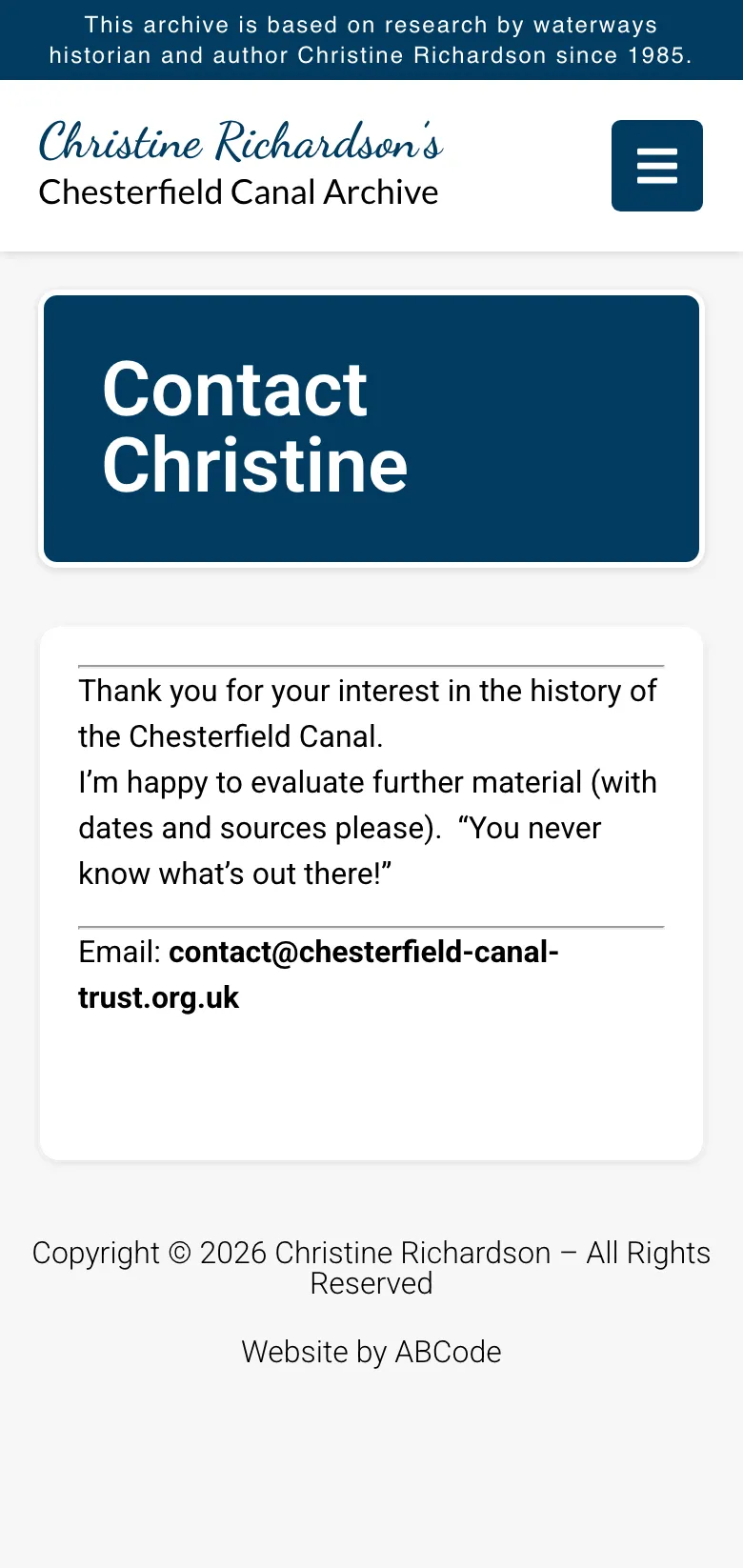 The Chesterfield Canal Archive contact page, on mobile