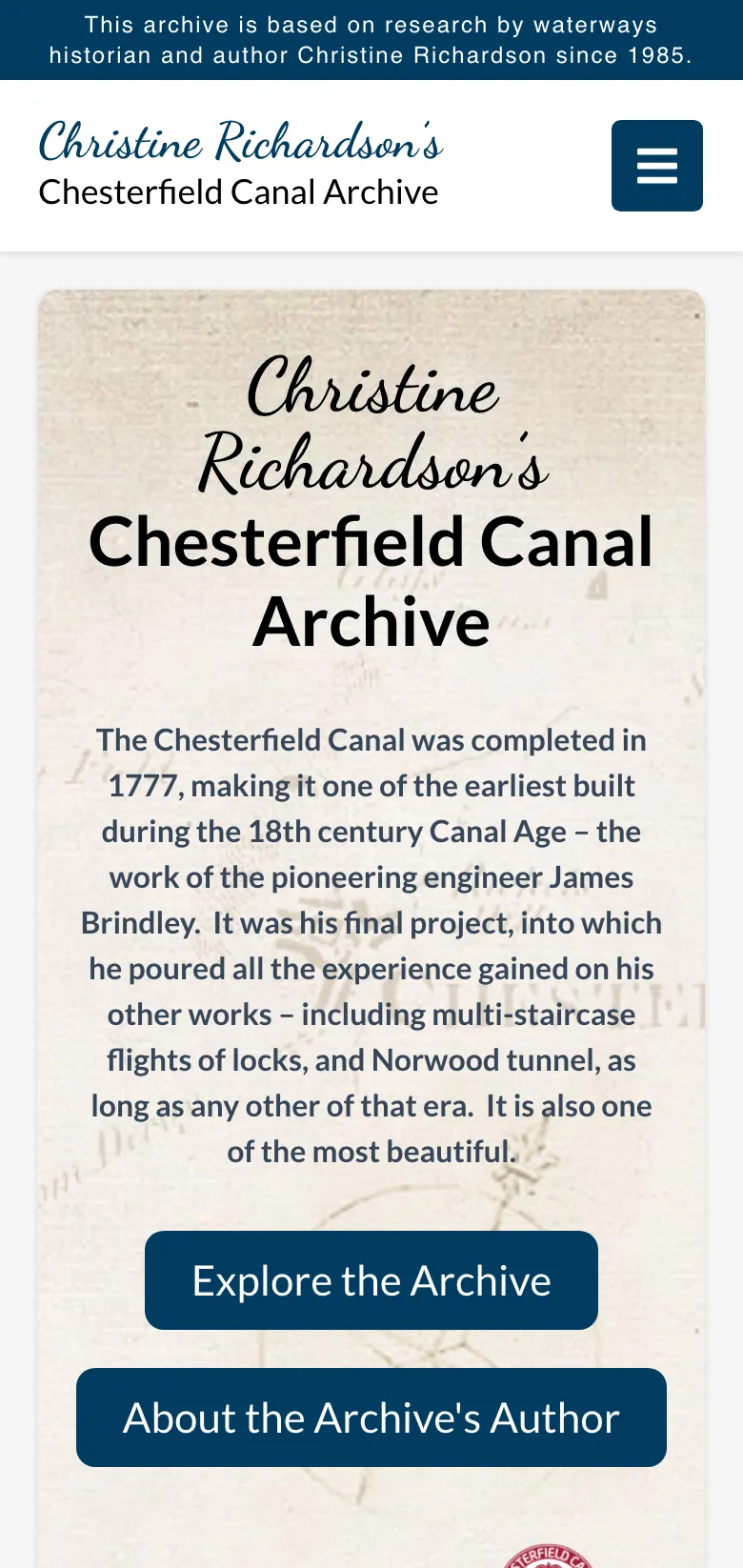 The Chesterfield Canal Archive homepage, on mobile