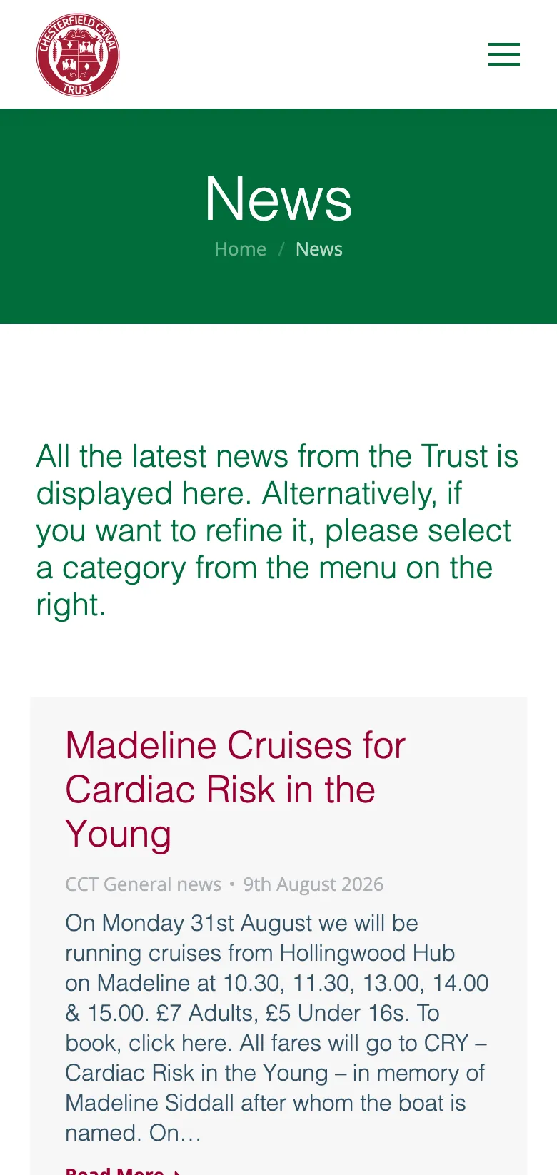 The Chesterfield Canal Trust news page, on mobile