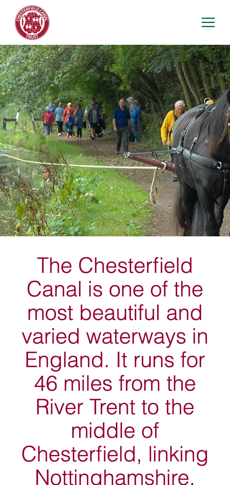 The Chesterfield Canal Trust homepage, on mobile