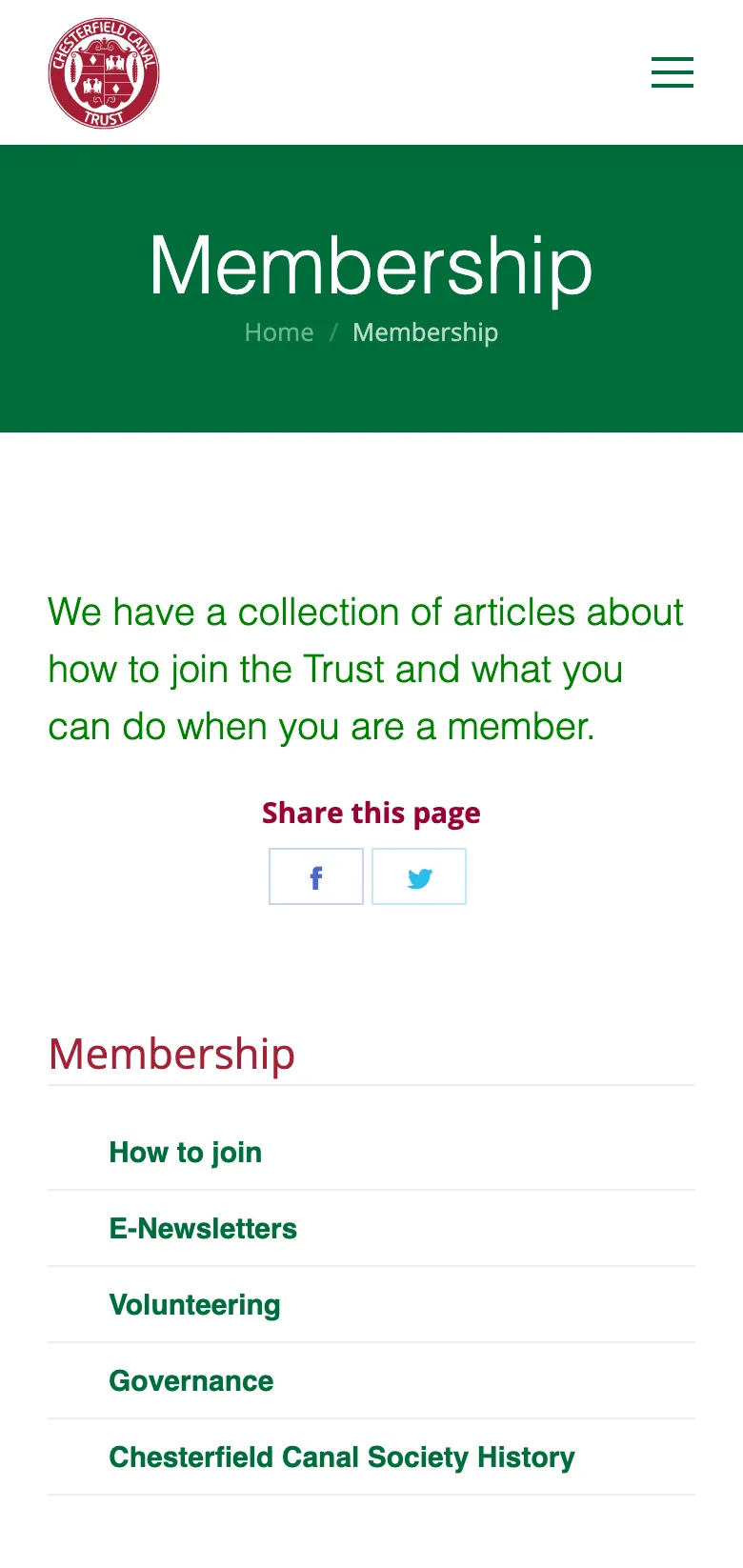 The Chesterfield Canal Trust membership page, on mobile
