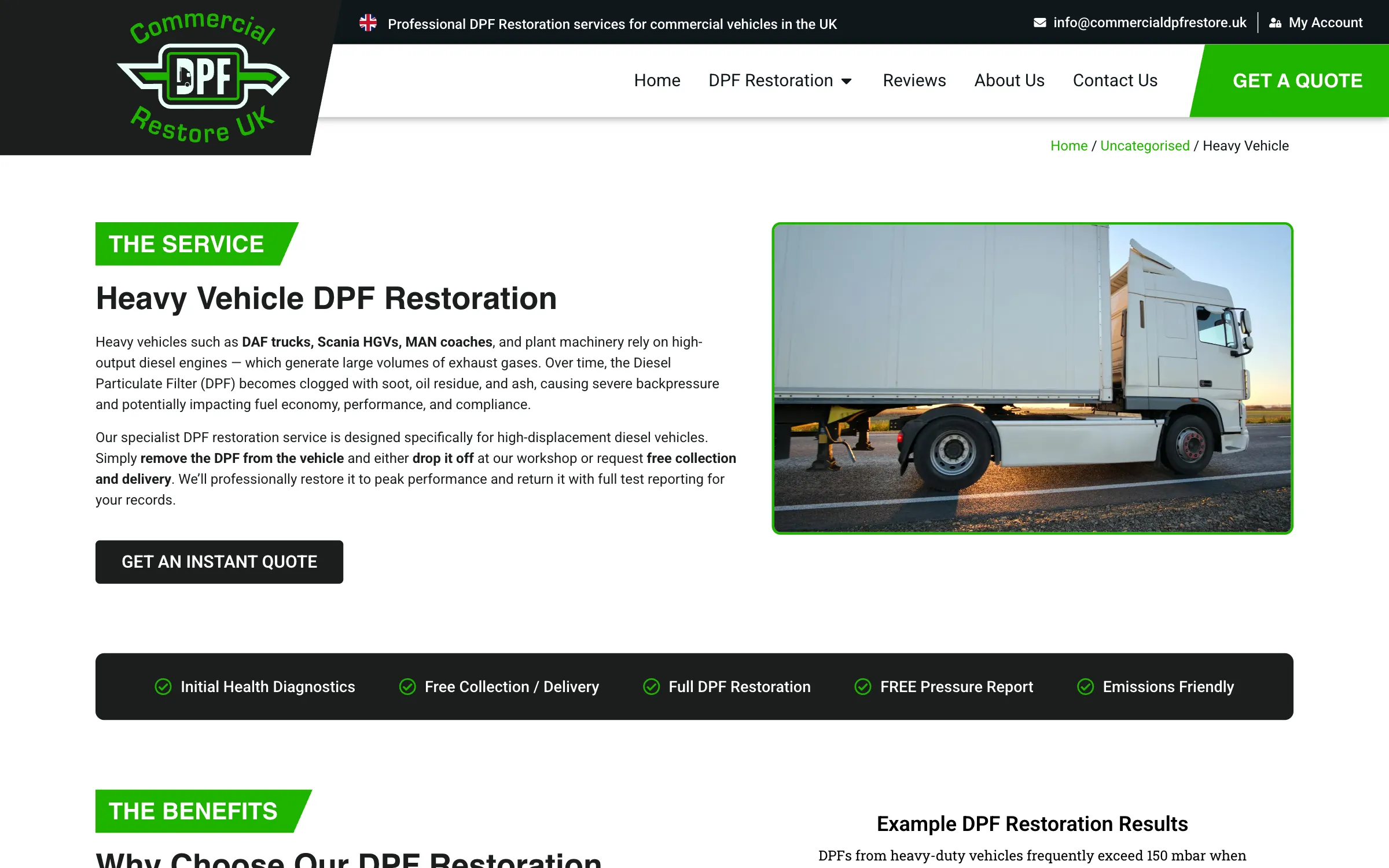 The heavy vehicle DPF restoration service page