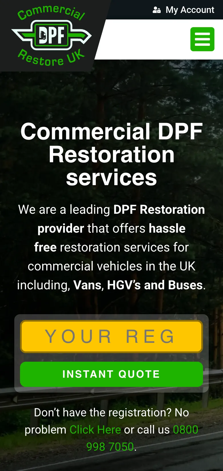The Commercial DPF Restore homepage, on mobile