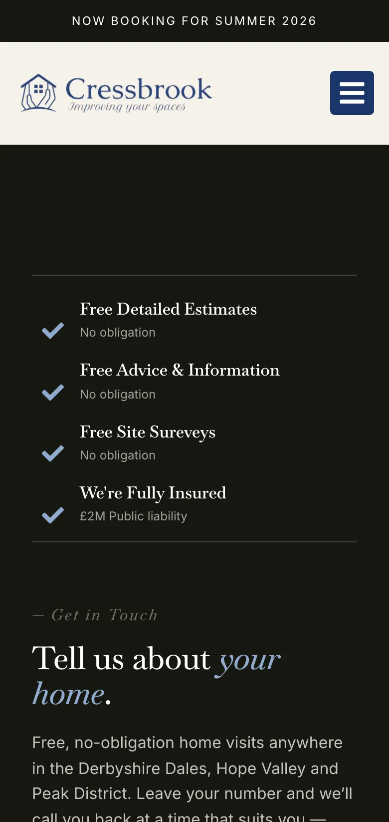 The Cressbrook Construction contact page, on mobile