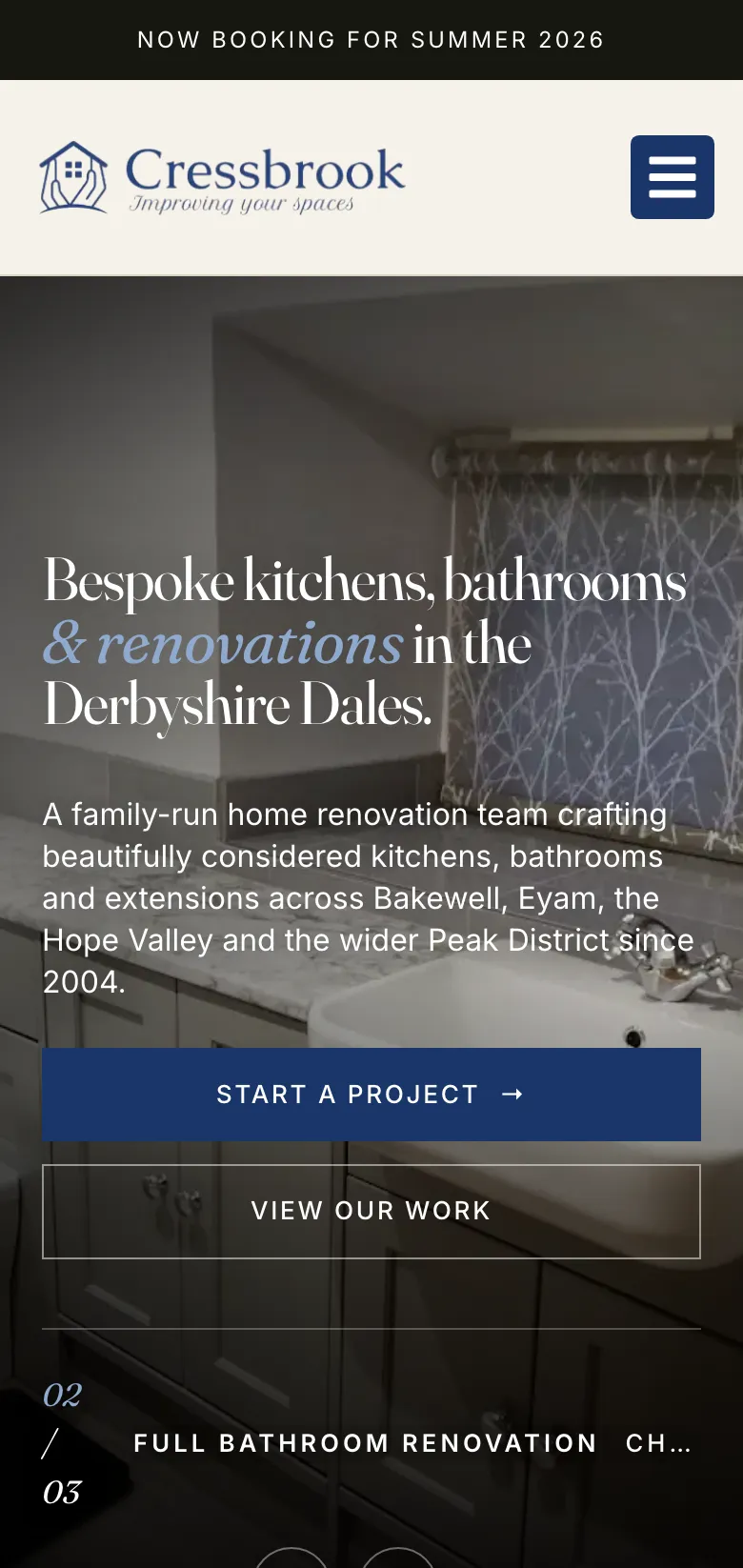 The Cressbrook Construction homepage, on mobile
