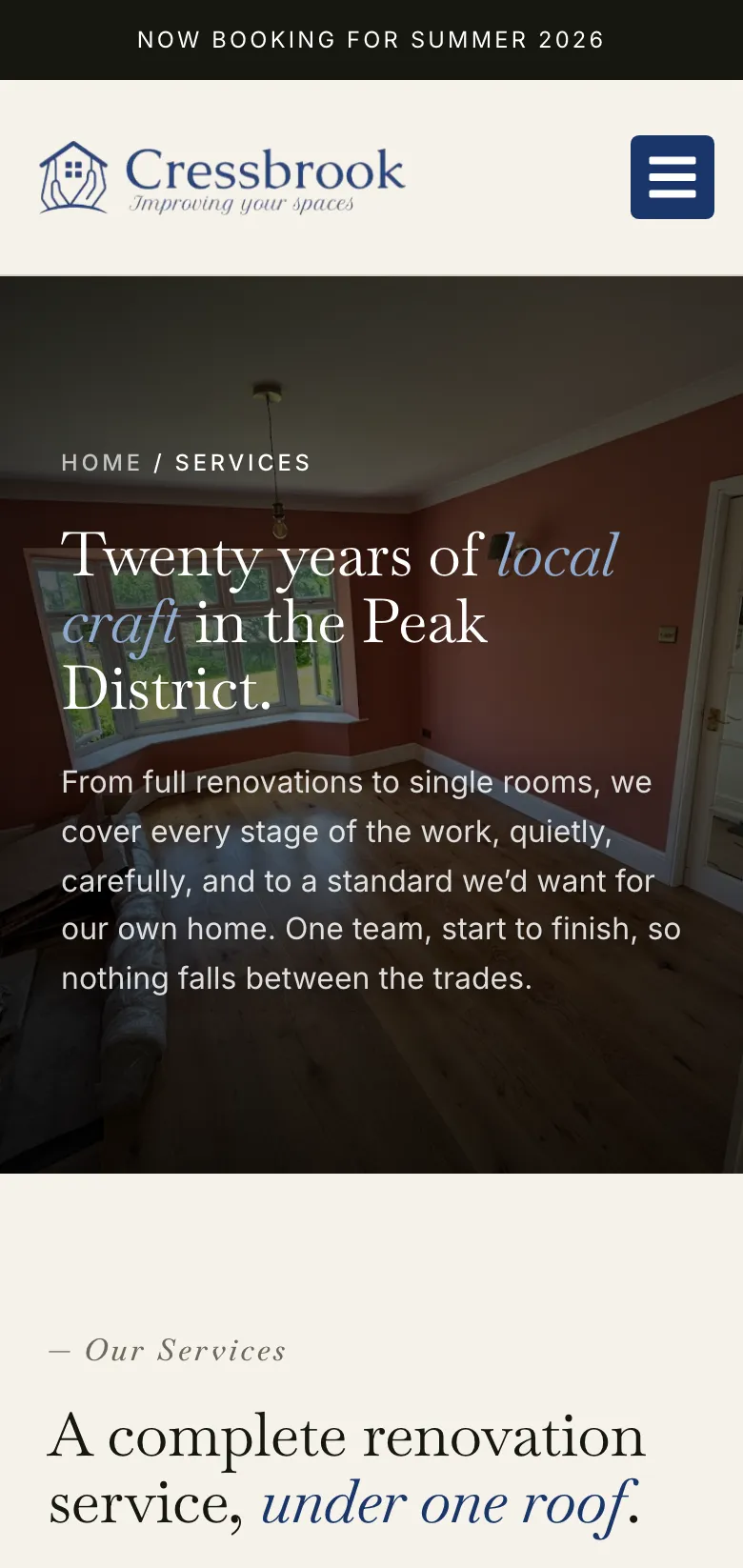 The Cressbrook Construction services page, on mobile