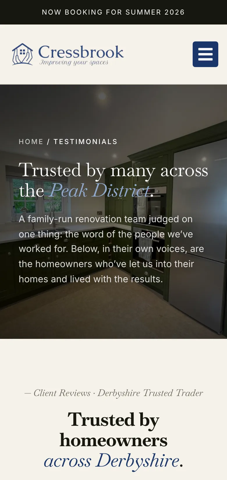 The testimonials page, on mobile