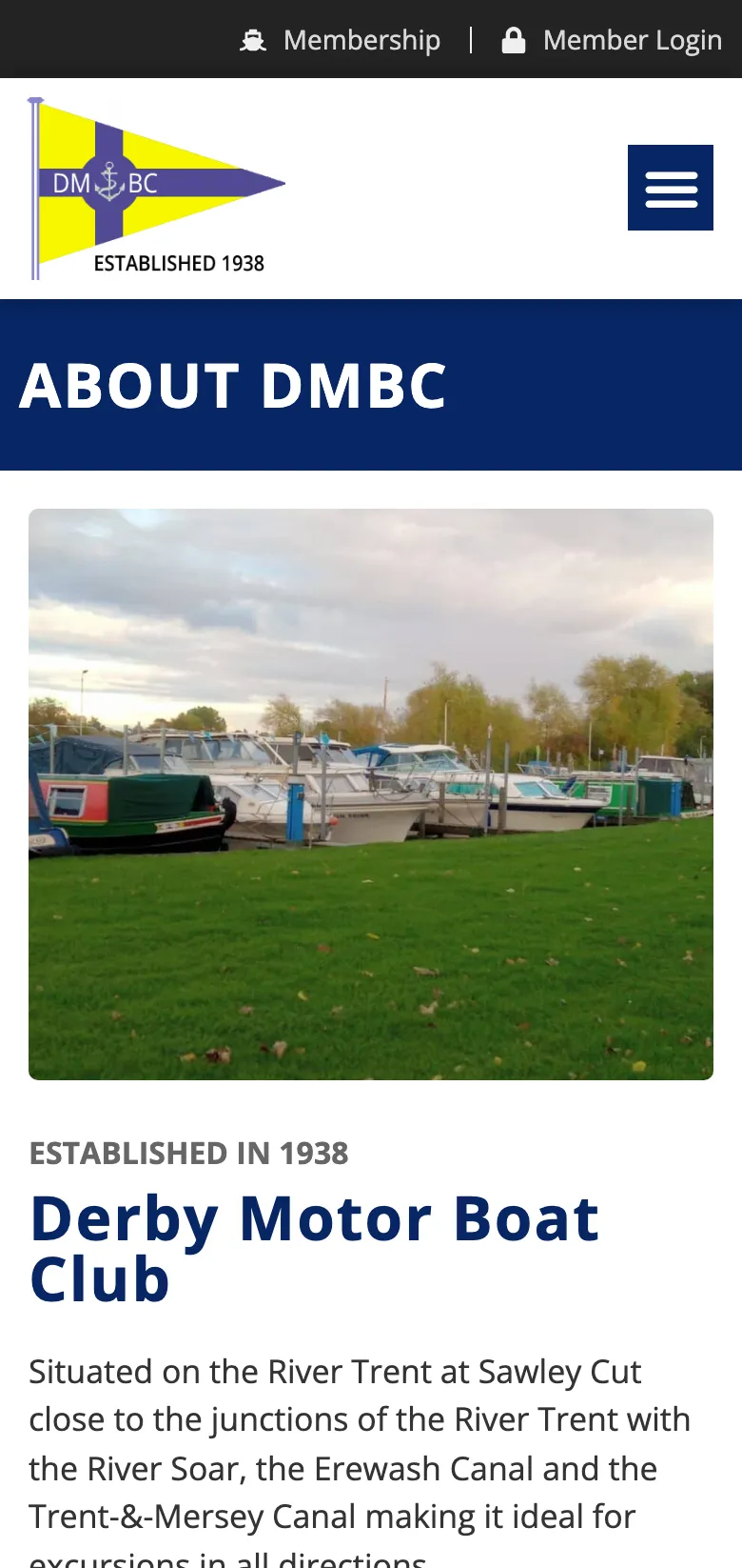 The Derby Motor Boat Club about page, on mobile