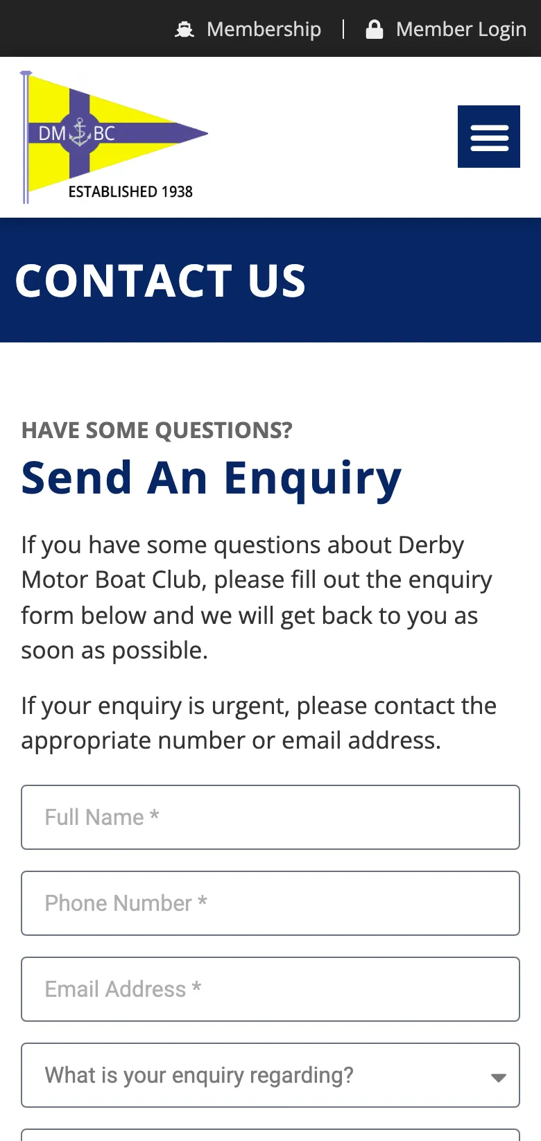 The Derby Motor Boat Club contact page, on mobile