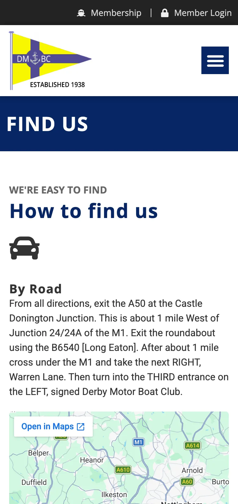The how-to-find-us page, on mobile