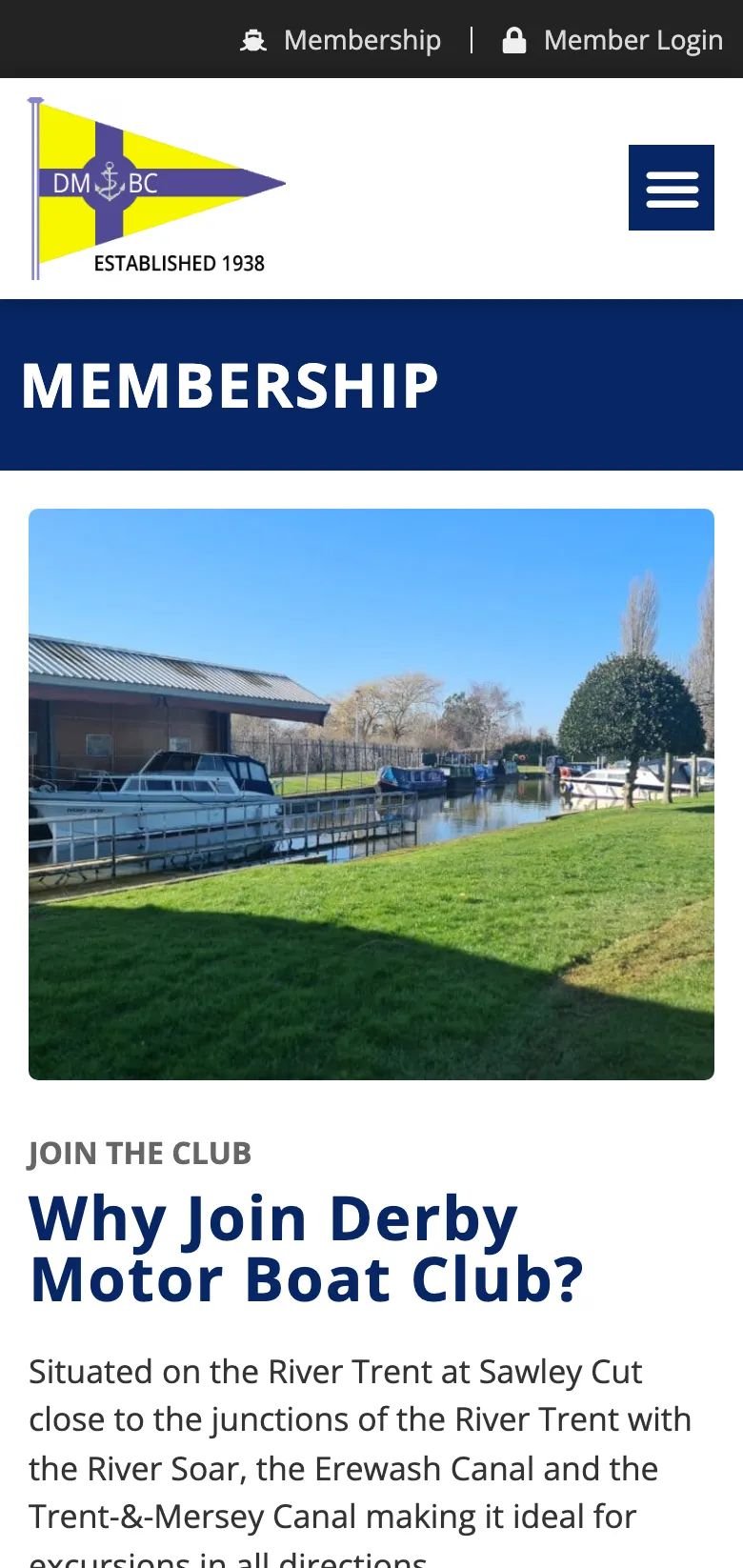 The Derby Motor Boat Club membership page, on mobile